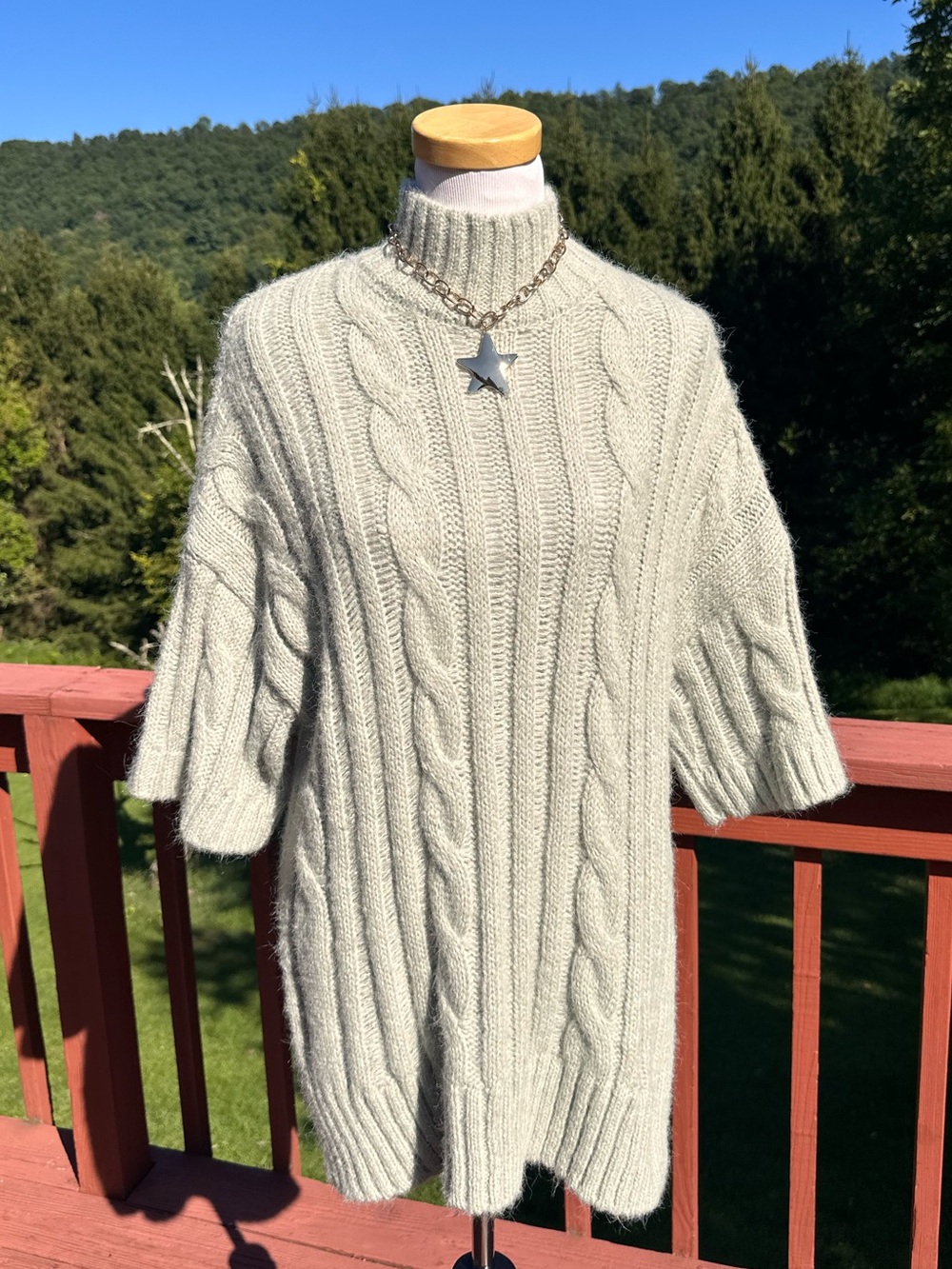 Zara Chunky Cable Knit Oversized Short-Sleeve Turtleneck Sweater in Light Sage
